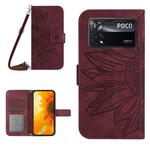 For Xiaomi Poco X4 Pro 5G Skin Feel Sun Flower Pattern Flip Leather Phone Case with Lanyard(Wine Red)