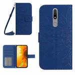 For Nokia 2.4 Skin Feel Sun Flower Pattern Flip Leather Phone Case with Lanyard(Dark Blue)