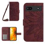For Google Pixel 6A Skin Feel Sun Flower Pattern Flip Leather Phone Case with Lanyard(Wine Red)