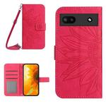 For Google Pixel 6A Skin Feel Sun Flower Pattern Flip Leather Phone Case with Lanyard(Rose Red)