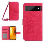 For Google Pixel 7 Skin Feel Sun Flower Pattern Flip Leather Phone Case with Lanyard(Rose Red)