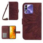 For Tecno Spark 8 Skin Feel Sun Flower Pattern Flip Leather Phone Case with Lanyard(Wine Red)