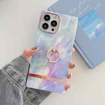 For iPhone 14 Pro Max Ring Holder Square Plating Gold Edge Phone Case(Galaxy White Purple)