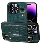 For iPhone 14 Pro Max Crocodile Wristband Wallet Leather Back Cover Phone Case(Dark Green)