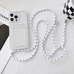 For iPhone 14 Plus Crossbody Lanyard Elastic Transparent Card Holder Phone Case(White Black)