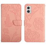 For Motorola Moto E22 4G HT03 Skin Feel Butterfly Embossed Flip Leather Phone Case(Pink)