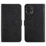 For Motorola Moto G72 4G HT03 Skin Feel Butterfly Embossed Flip Leather Phone Case(Black)