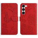 For Samsung Galaxy S23 5G HT03 Skin Feel Butterfly Embossed Flip Leather Phone Case(Red)