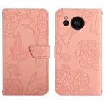 For Sharp Aquos Sense7 SH-V48 HT03 Skin Feel Butterfly Embossed Flip Leather Phone Case(Pink)