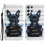 For Samsung Galaxy S23 Ultra 5G Colored Drawing Leather Phone Case(Black Dog)