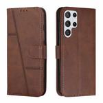 For Samsung Galaxy S23 Ultra 5G Stitching Calf Texture Buckle Leather Phone Case(Brown)