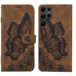For Samsung Galaxy S23 Ultra 5G Retro Skin Feel Butterflies Embossing Horizontal Flip Leather Phone Case(Brown)