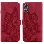 For OPPO A17 Retro Skin Feel Butterflies Embossing Horizontal Flip Leather Phone Case(Red)