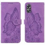 For OPPO A17 Retro Skin Feel Butterflies Embossing Horizontal Flip Leather Phone Case(Purple)