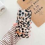 For iPhone 14 Square Plating Gold Edge Phone Case(ellow Backgroud Leopard)