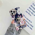 For iPhone 14 Ring Holder Square Plating Gold Edge Phone Case(Blue Background Rose)