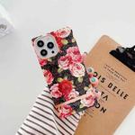 For iPhone 14 Plus Square Plating Gold Edge Phone Case(Black Background Rose)