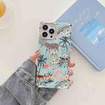 For iPhone 14 Pro Square Plating Gold Edge Phone Case with Ring Holder(Beach Crane Leopard)