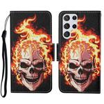 For Samsung Galaxy S23 Ultra 5G Colored Drawing Pattern Leather Phone Case(Flame Skull)
