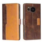 For Sharp Aquos sense7 Plus Contrast Color Side Buckle Leather Phone Case(Dark Brown+Gold)