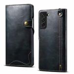 For Samsung Galaxy S21 5G Denior Oil Wax Cowhide Magnetic Button Genuine Leather Case(Dark Blue)