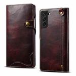 For Samsung Galaxy S21 5G Denior Oil Wax Cowhide Magnetic Button Genuine Leather Case(Dark Red)