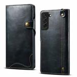 For Samsung Galaxy S21+ 5G Denior Oil Wax Cowhide Magnetic Button Genuine Leather Case(Dark Blue)