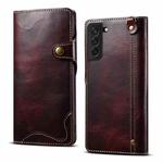 For Samsung Galaxy S21+ 5G Denior Oil Wax Cowhide Magnetic Button Genuine Leather Case(Dark Red)