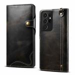 For Samsung Galaxy S21 Ultra 5G Denior Oil Wax Cowhide Magnetic Button Genuine Leather Case(Black)