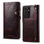 For Samsung Galaxy S21 Ultra 5G Denior Oil Wax Cowhide Magnetic Button Genuine Leather Case(Dark Red)