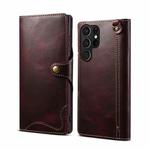 For Samsung Galaxy S22 Ultra 5G Denior Oil Wax Cowhide Magnetic Button Genuine Leather Case(Dark Red)