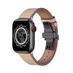 Butterfly Buckle Genuine Leather Watch Band For Apple Watch Ultra 49mm / Series 8&7 45mm / SE 2&6&SE&5&4 44mm / 3&2&1 42mm(Apricot+Black Buckle)