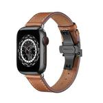 Butterfly Buckle Genuine Leather Watch Band For Apple Watch Ultra 49mm&Watch Ultra 2 49mm / Series 9&8&7 45mm / SE 3&SE 2&6&SE&5&4 44mm / 3&2&1 42mm(Brown+Black Buckle)