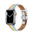 Butterfly Buckle Genuine Leather Watch Band For Apple Watch Ultra 49mm&Watch Ultra 2 49mm / Series 9&8&7 45mm / SE 3&SE 2&6&SE&5&4 44mm / 3&2&1 42mm(Rainbow+Silver Buckle)