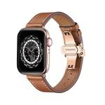 Butterfly Buckle Genuine Leather Watch Band For Apple Watch Ultra 49mm / Series 8&7 45mm / SE 2&6&SE&5&4 44mm / 3&2&1 42mm(Brown+Rose Gold Buckle)