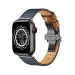 Butterfly Buckle Genuine Leather Watch Band For Apple Watch Series 9&8&7 41mm / SE 3&SE 2&6&SE&5&4 40mm / 3&2&1 38mm(Blue-Brown+Black Buckle)