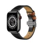 Butterfly Buckle Genuine Leather Watch Band For Apple Watch Series 8&7 41mm / SE 2&6&SE&5&4 40mm / 3&2&1 38mm(Black-Brown+Black Buckle)