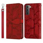 For Samsung Galaxy S23 5G Life Tree Embossing Pattern Leather Phone Case(Red)