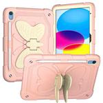 For iPad 10th Gen 10.9 2022 Butterfly Kickstand Heavy Duty Hard Rugged Tablet Case(Gream Rose Pink)