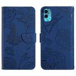 For Motorola Moto E22s HT03 Skin Feel Butterfly Embossed Flip Leather Phone Case(Blue)