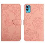 For Motorola Moto E22s HT03 Skin Feel Butterfly Embossed Flip Leather Phone Case(Pink)