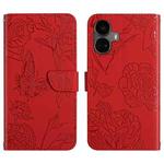 For Realme 10 Pro+ HT03 Skin Feel Butterfly Embossed Flip Leather Phone Case(Red)