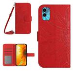For Motorola Moto E22s Skin Feel Sun Flower Pattern Flip Leather Phone Case with Lanyard(Red)