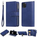 For iPhone 11 Pro Max 2 in 1 Solid Color Zipper Shockproof Protective Case with Card Slots & Bracket & Photo Holder & Wallet Function(Blue)