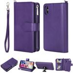 For iPhone X / XS 2 in 1 Solid Color Zipper Shockproof Protective Case with Card Slots & Bracket & Photo Holder & Wallet Function(Purple)