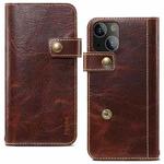 For iPhone 14 Denior Oil Wax Cowhide DK Magnetic Button Leather Phone Case(Brown)