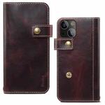 For iPhone 14 Plus Denior Oil Wax Cowhide DK Magnetic Button Leather Phone Case(Dark Red)