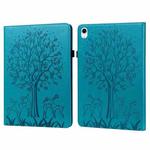 For iPad 10th Gen 10.9 2022 Tree & Deer Embossed Leather Tablet Case(Blue)