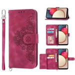 For Sharp Simple Sumaho 5 Skin-feel Flowers Embossed Wallet Leather Phone Case(Wine Red)