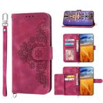 For Sharp Aquos R6 Skin-feel Flowers Embossed Wallet Leather Phone Case(Wine Red)